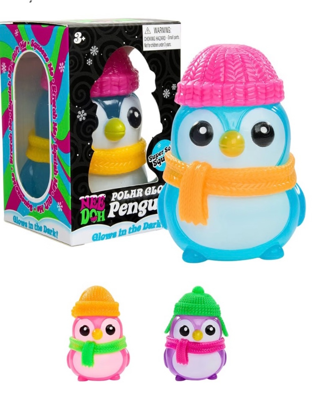 Polar Glow Penguin Soft Toy - Blue with Pink Hat & Orange Scarf